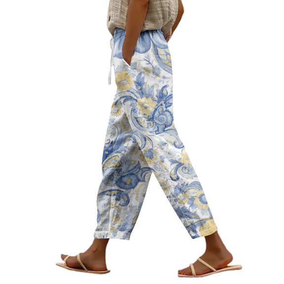 kaondbfi Women's Linen Printed Casual Pants Summer Lightweight Elastic Waist Beach Vacation Trousers with Pockets
