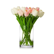 ZULAR Fake Flowers 14 Pieces Artificial Real Touch Tulips Fake Silk Flowers for Home Office Wedding Event Decoration (Pink White,Without Vase)