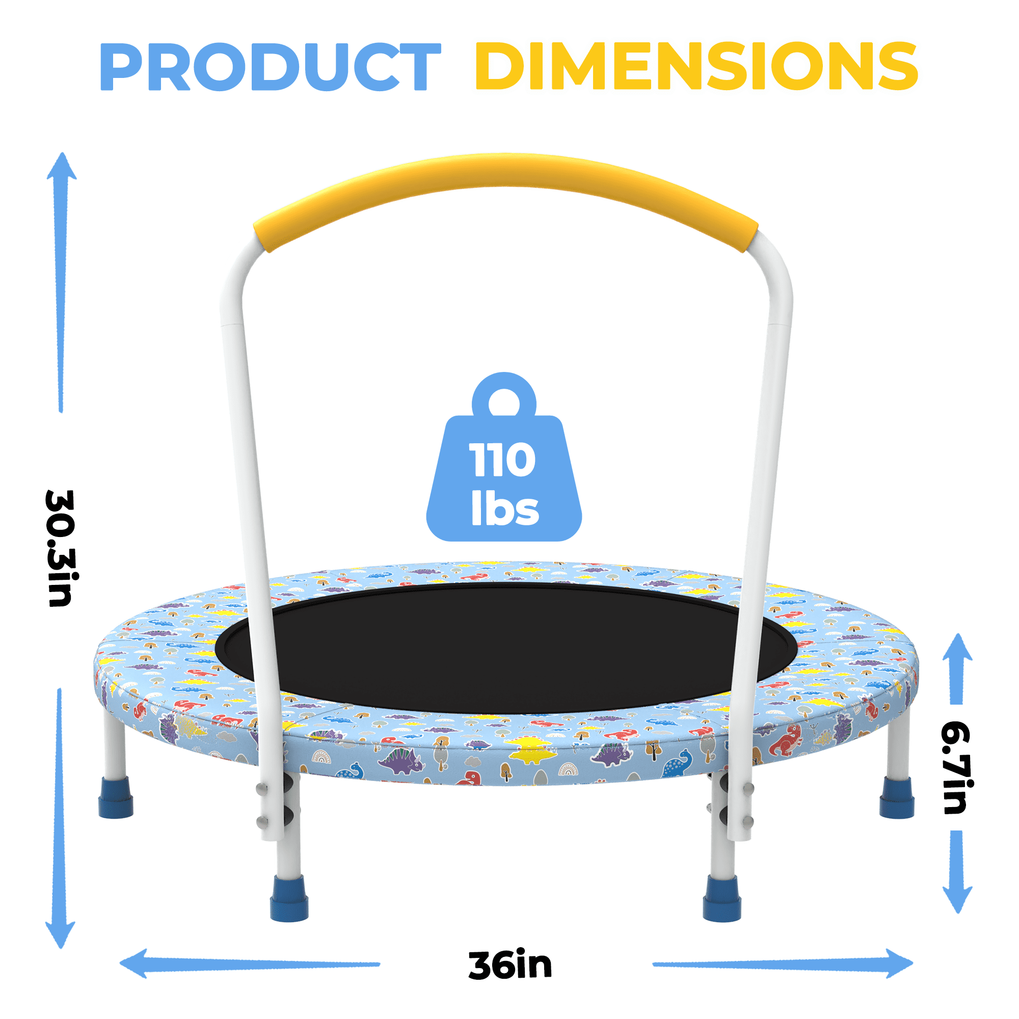 Mersco 36" Trampoline for Kids Indoor Trampoline with Handle for 2+ Years Kids Print Blue
