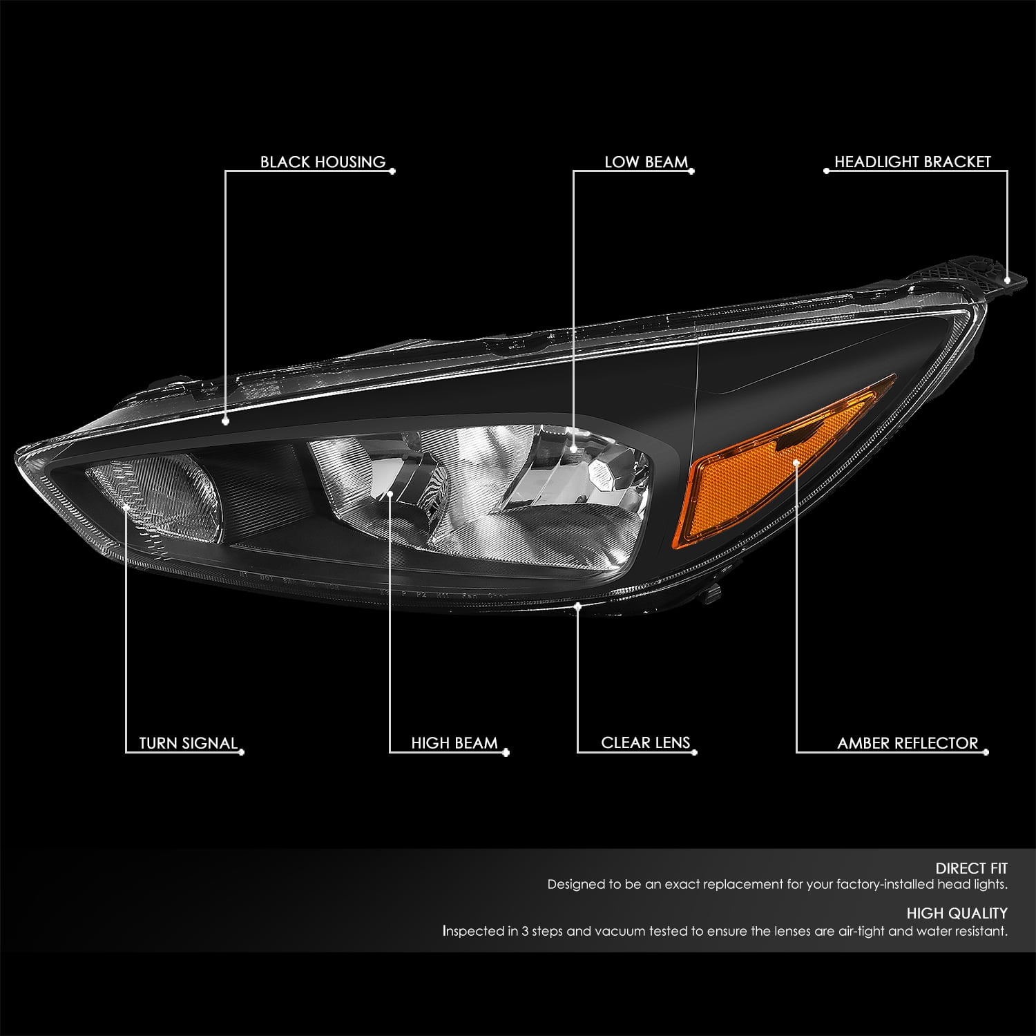 DNA MOTORING  For 15-18 Ford Focus OE Style Black Amber Corner  Headlight Lamps Pair