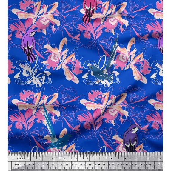 Soimoi Blue Viscose Chiffon Fabric Floral & Bird Printed Fabric 1 Yard 42 Inch Wide