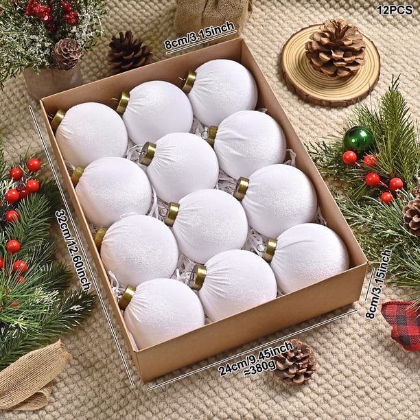 Bolas decorativas navideñas, 12 bolas de terciopelo flocadas, adornos navideños de plástico, adornos colgantes para árbol de Navidad, adornos navideños de 3,15 pulgadas, adornos navideños para exterio