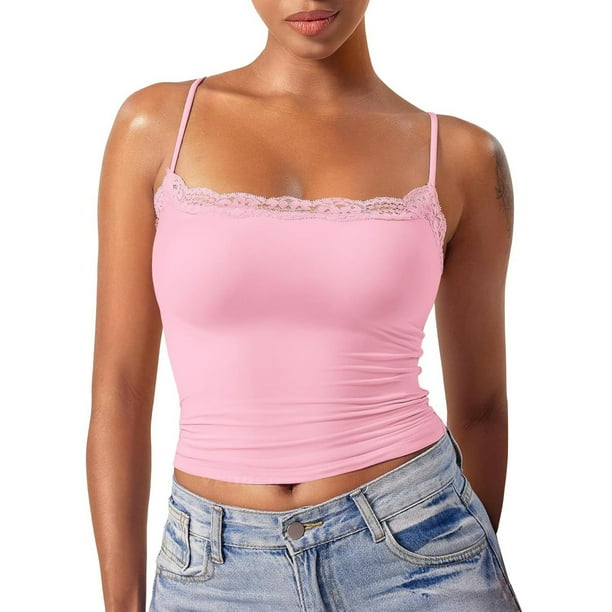 Pink Womens Tops Lace Top Double Lined Tank Top Spaghetti Strap