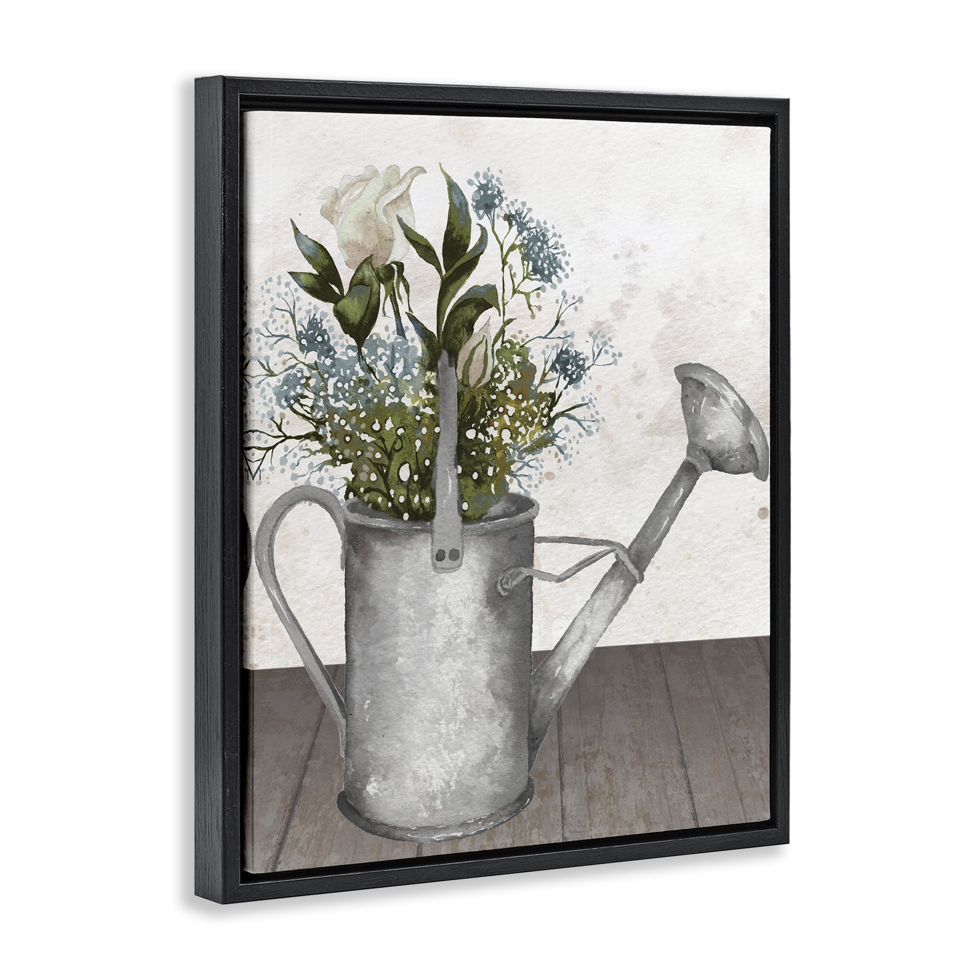 Stupell Industries Floral Pitcher Watering Can Black Framed Floater Canvas Wall Art, design by Elizabeth Medley
