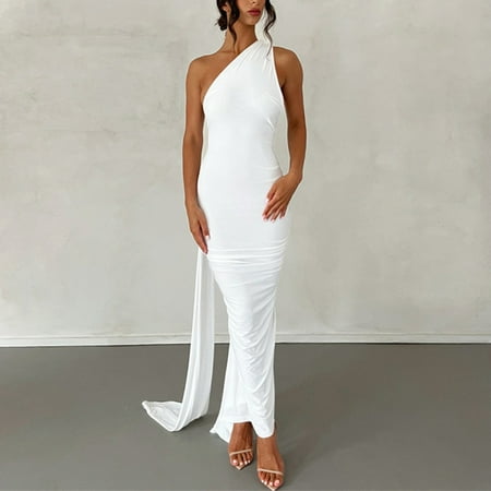 Sayhi Wedding Dresses for Bride Slim Halter Neck Backless Bodycon Prom Gown Evening Party Solid Swing Long Maxi Dress