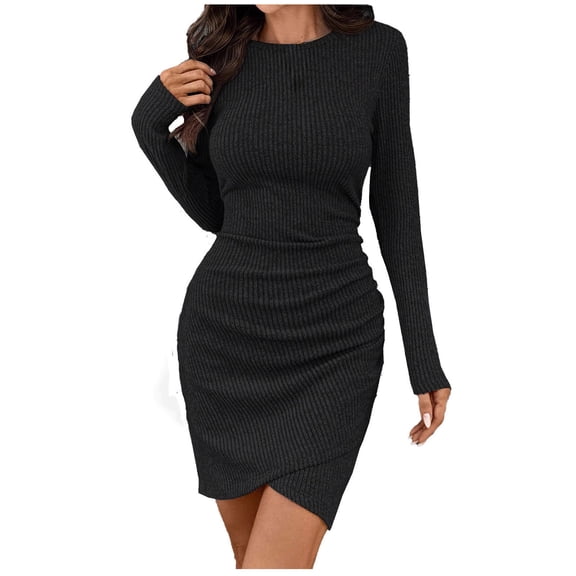 VEKDONE Women Bodycon Sweater Dresses Long Sleeve Crew Neck Front Ruched Wrap Dresses with Split Hem Ribbed Knit Comfy Dresses Party Club Mini Dress Black M