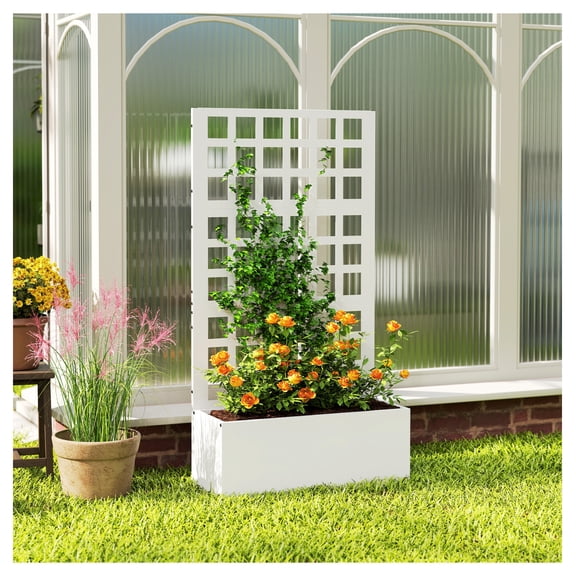 Galvanized Raised Garden Bed with Trellis, White - 24"x9"x44.5" Metal Planter Box for Vegetables, Vines, Flowers, Outdoor Climbing Plants