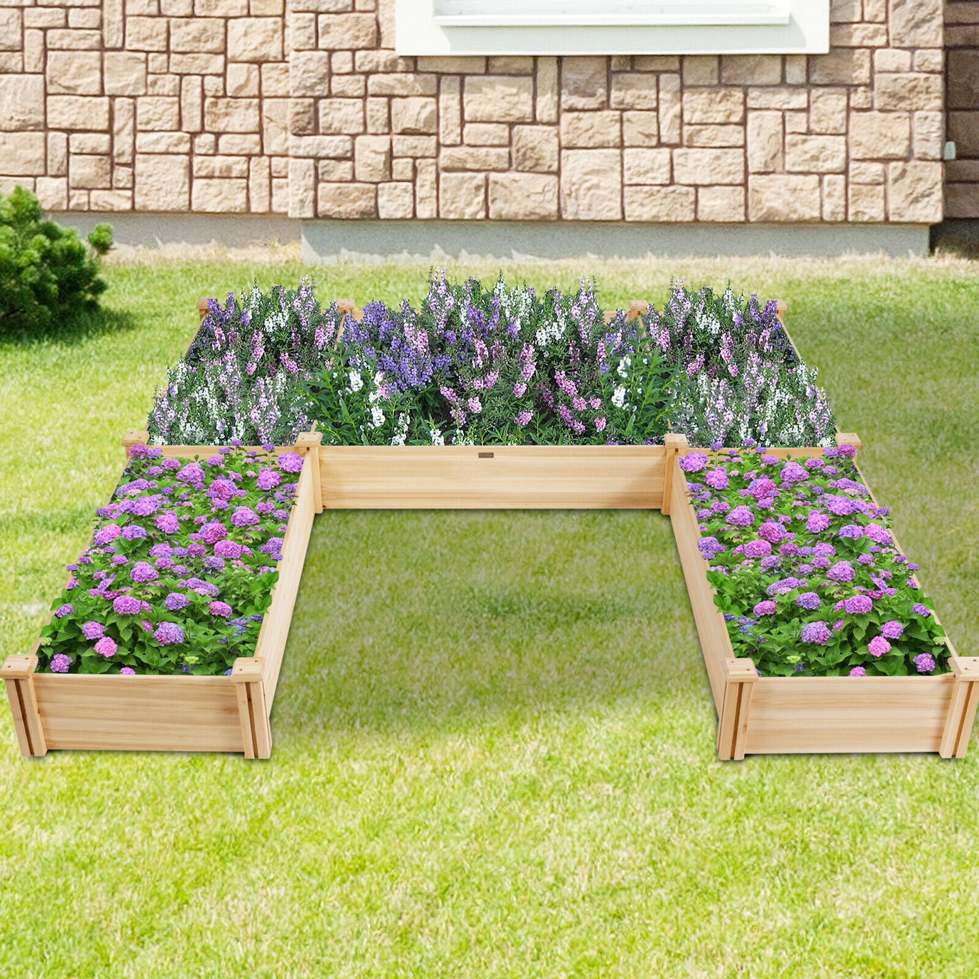 Gymax Raised Garden Bed 92.5x95x11in Wooden Garden Box Planter Container U-Shaped Bed