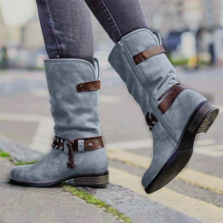 

FITORON Womens Mid Calf Boots- Winter Warm Suede Rope Ethnic Wind Boots Low Heel Side Zipper Boots Light blue 39