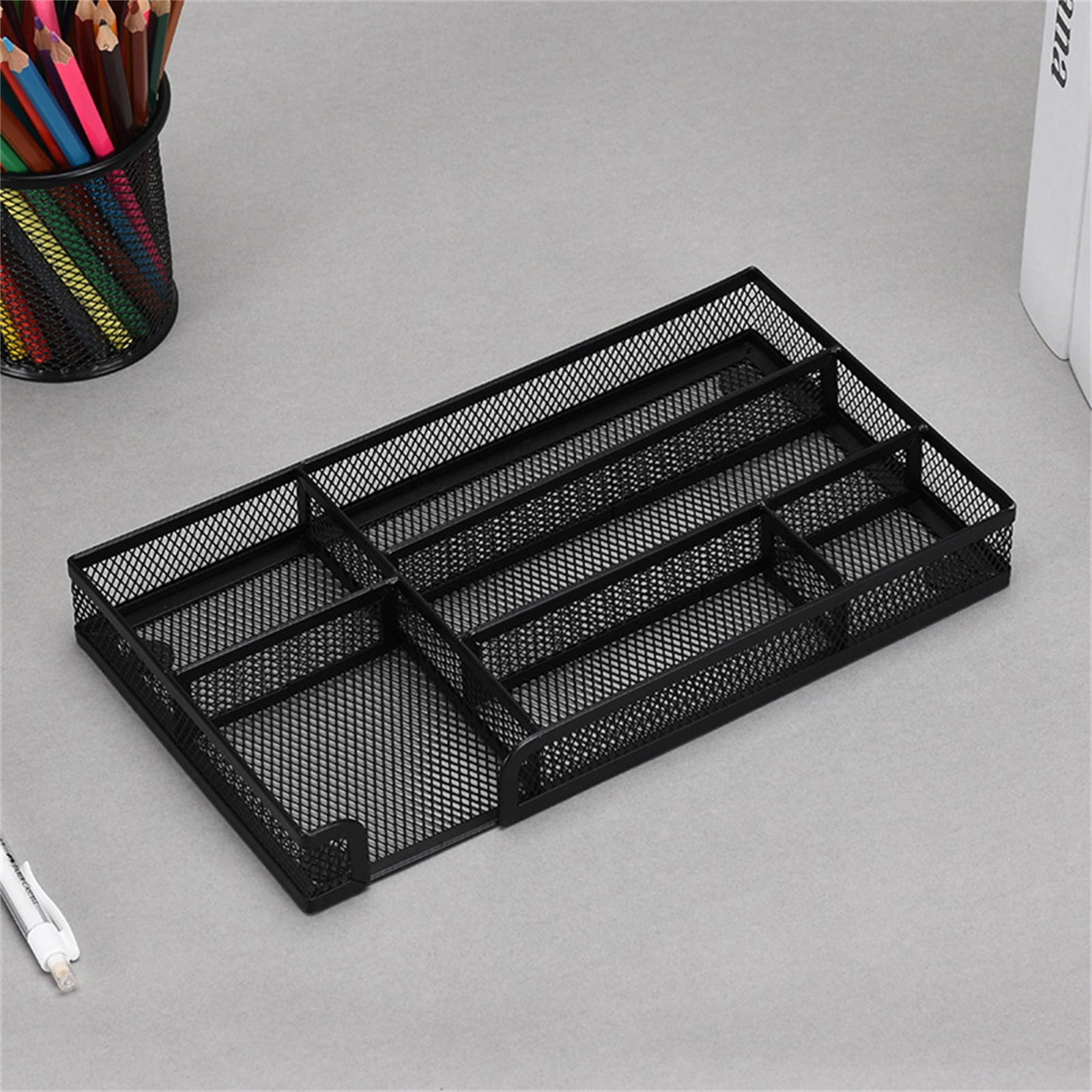 Metal Mesh Desk Drawer Organizer Tray - 6 Compartment Divider For Office Supplies, Makeup, Tools (Size: 10.9" X 6.1", Black)