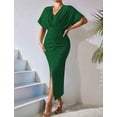 thumbnail image 5 of Osfvolr Womens Metallic Faux Wrap Cocktail Dress Solid Color V-Neck Pleated High Slit Short Sleeve Midi Dress Green S, 5 of 7