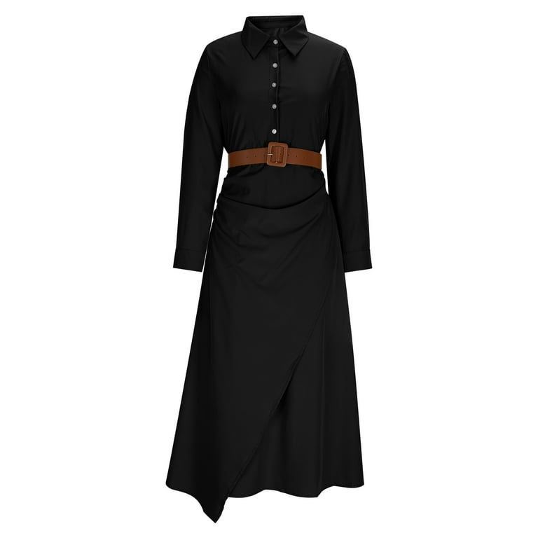 Frsasu Women Lapel Shift Dressy Dress Long Sleeve Button up Dresses with Belt Vintage office Elegant Sundress Trendy Gown Black, Women's, Size: 2XL