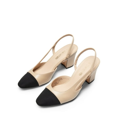 BURUDANI Women Slingback Low Chunky Heels Pumps Ankle Strap Cap Toe Pumps Shoes NUDE Size 9.5