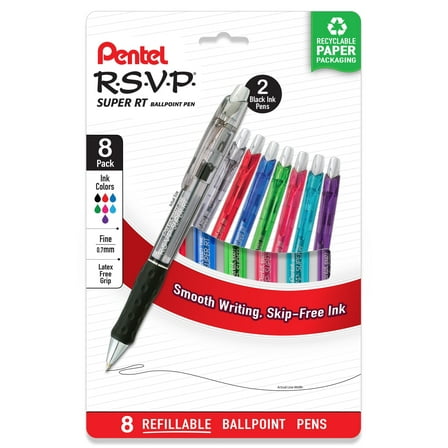 Pentel RSVP Super RT Ballpoint Pen, (0.7mm) Medium Line, Assorted Ink Colors, 8 Pack with Bonus Black Ink Pen
