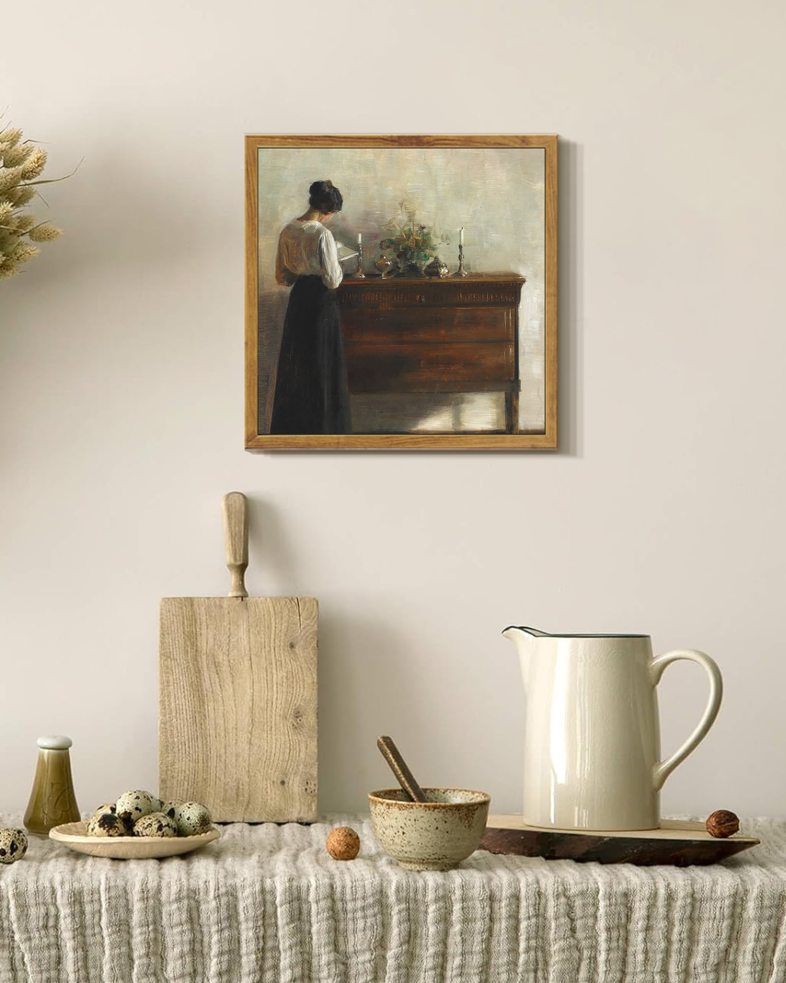 Drsoum Vintage Wall Art Classic Moody Elegant Woman Stands Reading a Book Victorian Wall Prints Kitchen Bathroom Office Decor 10x10in Natural Framed