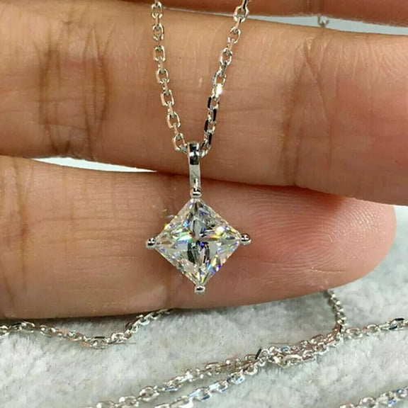 3Ct Princess Cut Lab Created Diamond Women Solitaire Pendant Chain 14K White Gold Plated