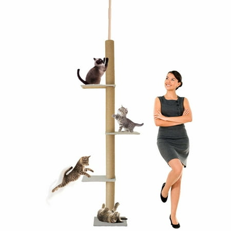 UPC: 0840042312996 | Downtown Pet Supply – Cat Scratching Post Tower – 4-Level Cat Tree with Securing Mechanism – 75 to 97.5 in