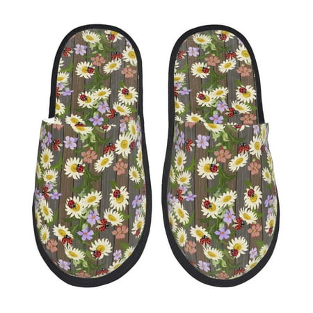 Balery Ladybugs And Flowers On A Wooden Slient Indoor Furry Fleece Comfort House Shoes Soft Non-Slip Home Shoes Cotton slippers House Slippers-- Medium