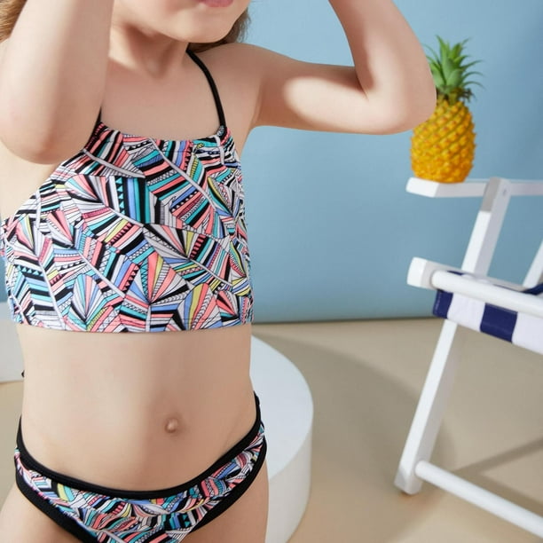 QTBIUQ Girls Swimsuit Two Piece Bikini Set Crop Top with Double Ruffled  Halter Bathing Suit 5-12 Years 