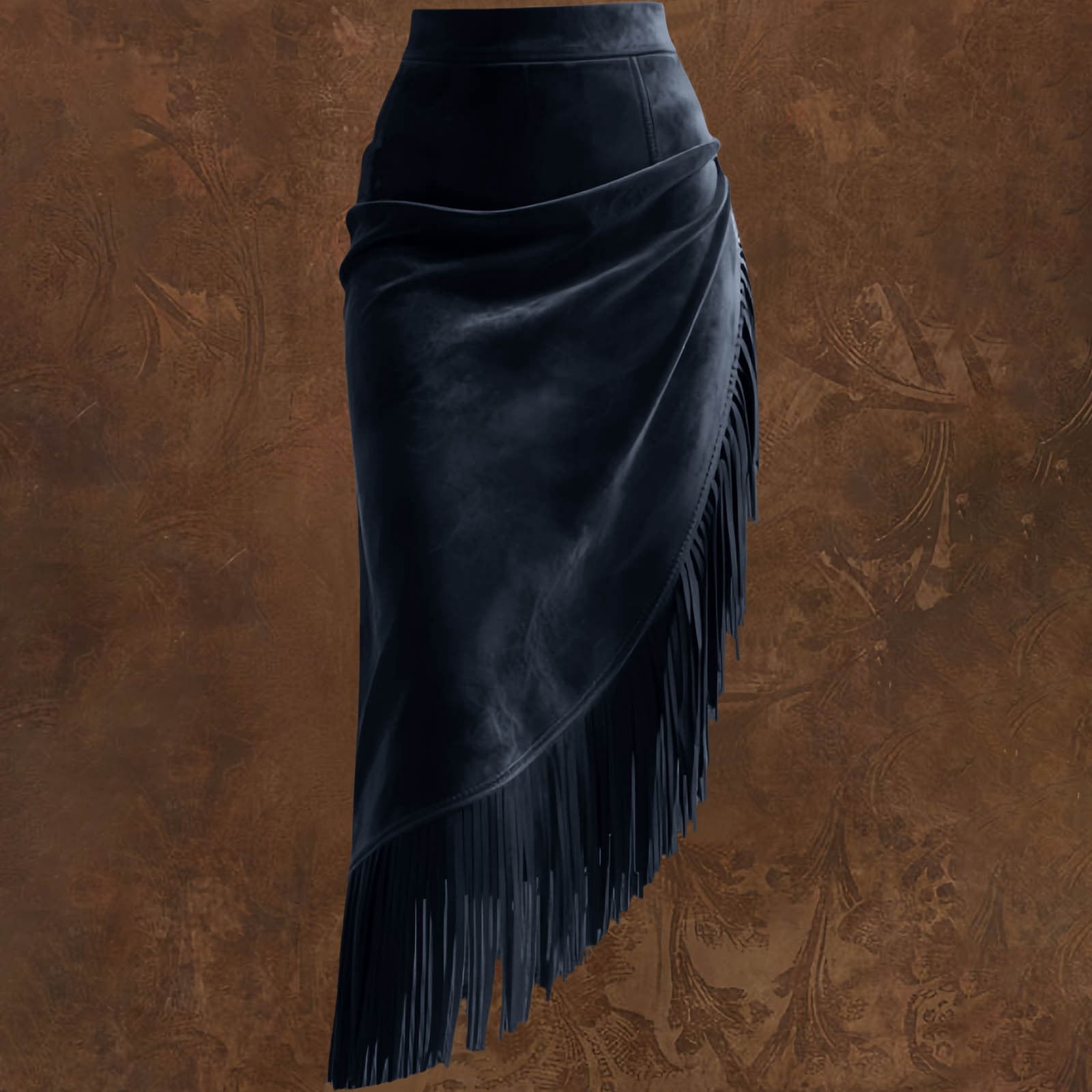 Women's Fringe Suede Maxi Skirt Western Style Asymmetric Ruched Bodycon Side Slid Cowgirl Tassel Long Skirts