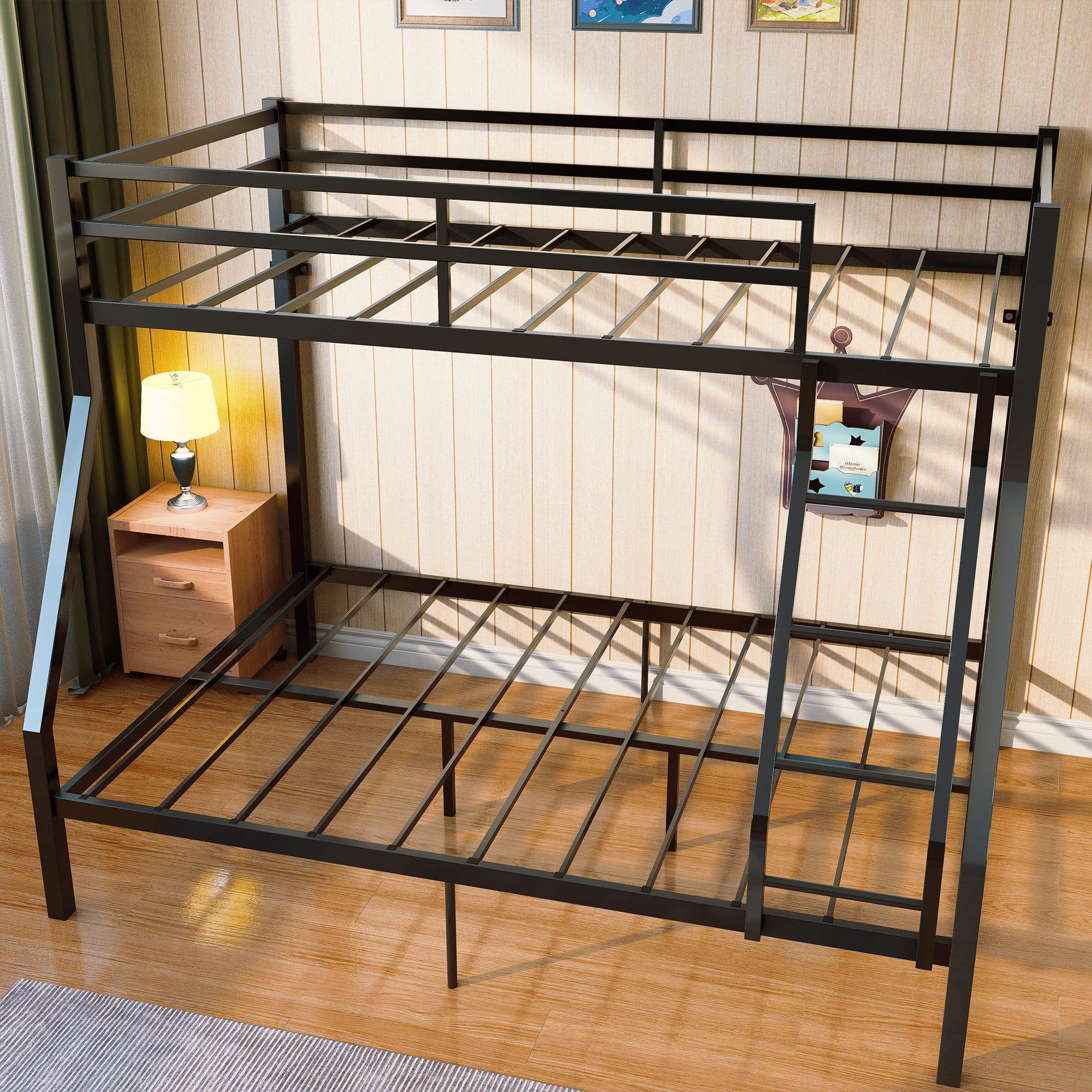 Miniyam Twin Over Full Metal Bunk Bed with Guardrails and Angled Ladder, Black
