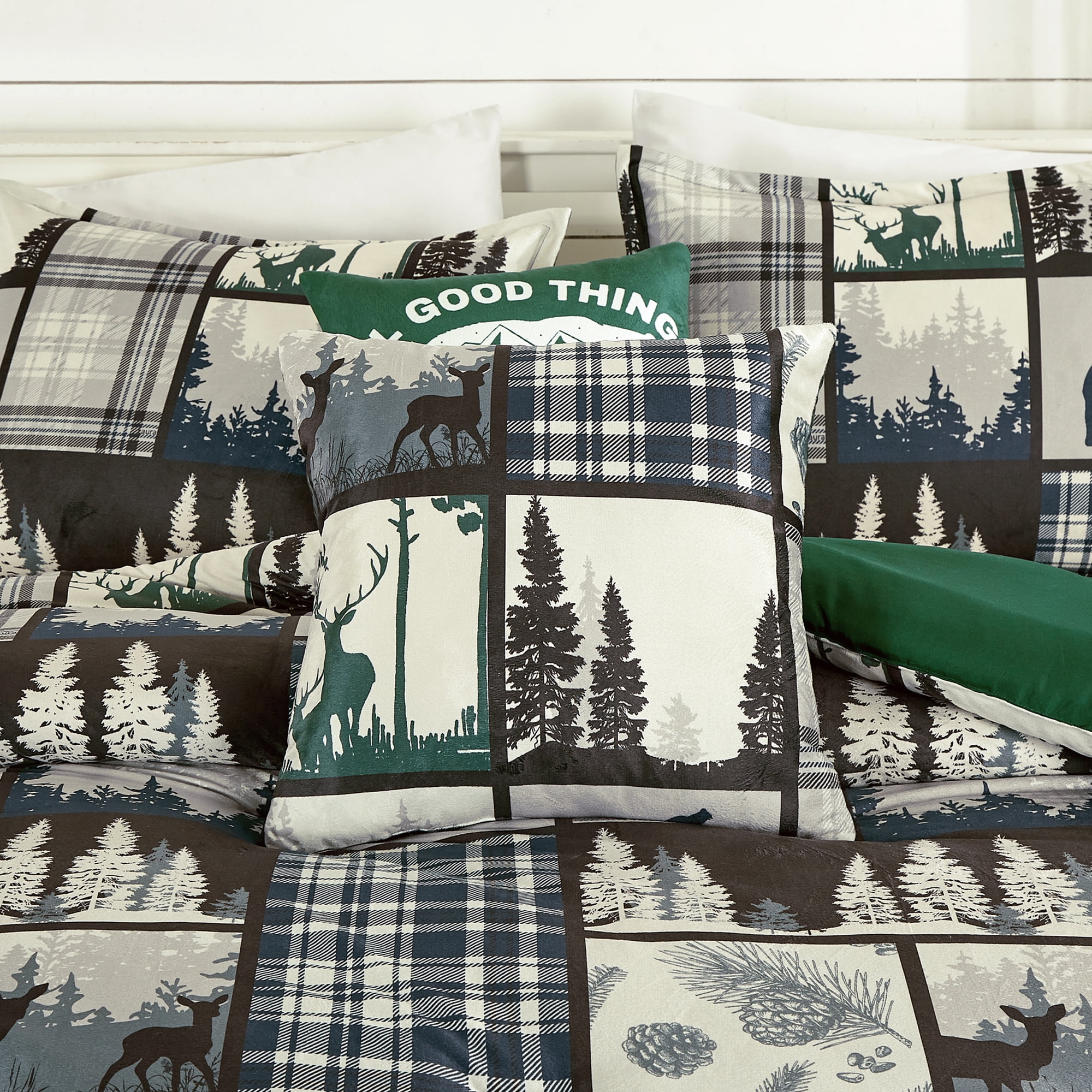 HIG 5-Piece Velvet Sherpa Comforter Set – Wild and Free Cabin Lodge Bedding, Soft & Cozy Comforter with Matching Shams and Decorative Cushions, Queen