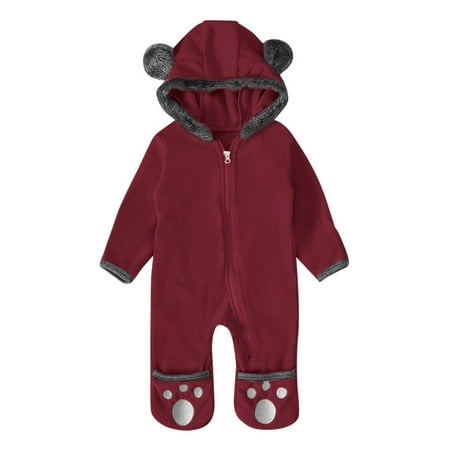 

Lovskoo 2024 Baby Boys Girls Clothes Infant Solid Cartoon Ears Romper Hoodie Fleece Jumpsuit Burgundy