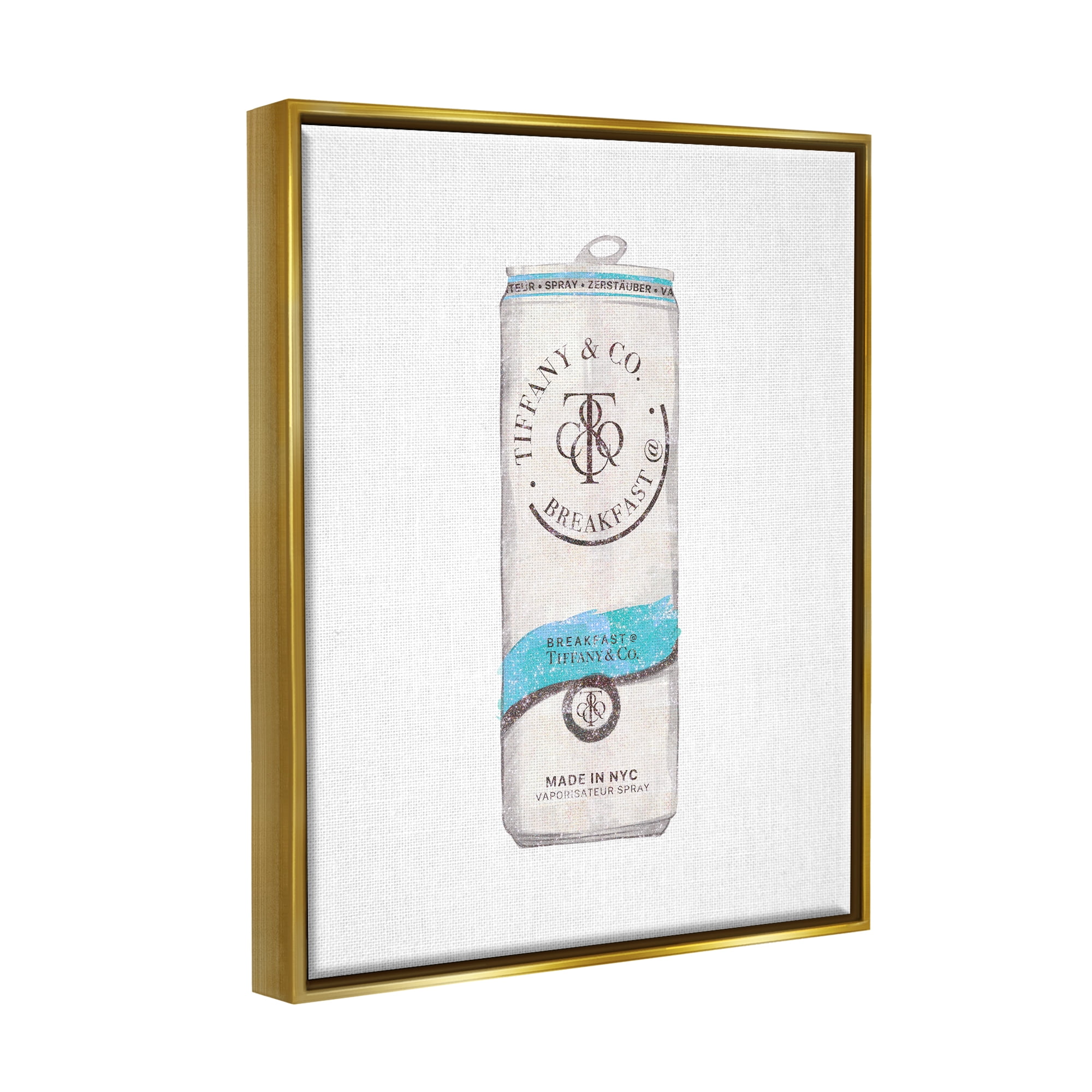 Stupell Industries Blue Designer Fashion Emblem Beverage Can Illustration Metallic Gold Framed Floating Canvas Wall Art, 16x20, by Ziwei Li