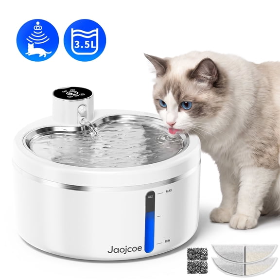 Jaojcoe Automatic Cat Water Fountain with Stainless Steel Tray, 84oz/2.5L Ultra-Quiet Rechargeable Wireless Pet Fountain, Battery Powered Water Dispenser for Cats & Small Dogs, White