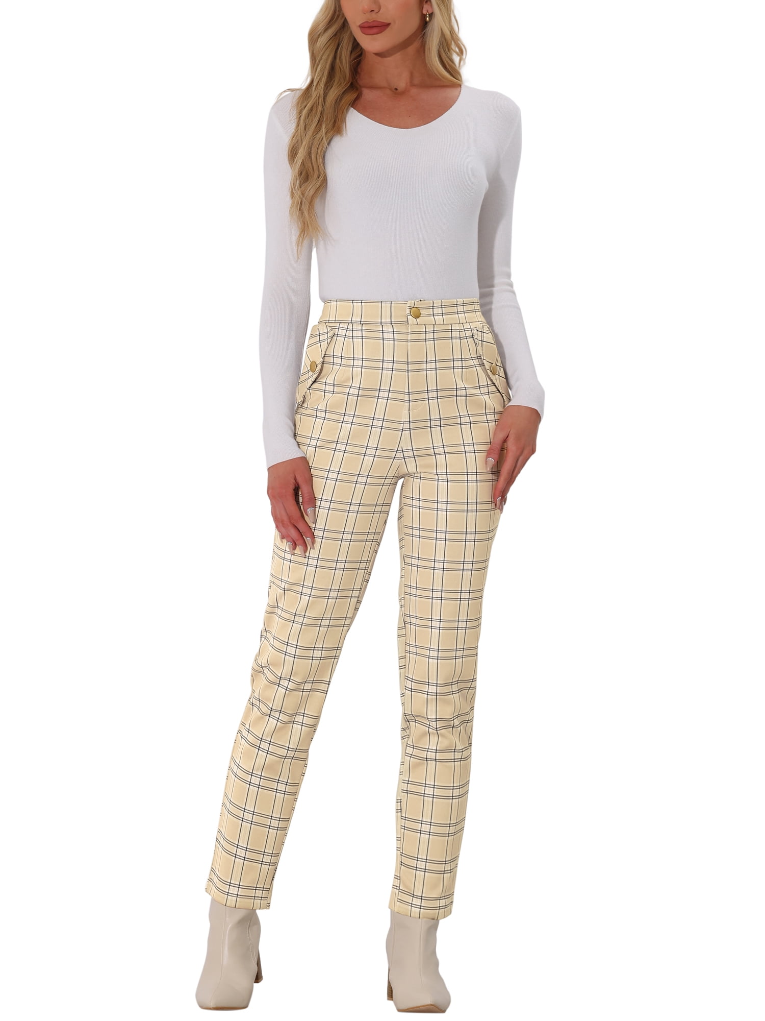 Unique Bargains Women's Tartan Plaid Pants Elastic High Waist Straight Long  Trousers Light Beige L - Walmart.ca