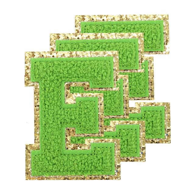 Parche de letras de chenille Uxcell E tamaño grande 80mm/3.15 pulgadas E parches de purpurina dorada para ropa, paquete de 3 (verde)