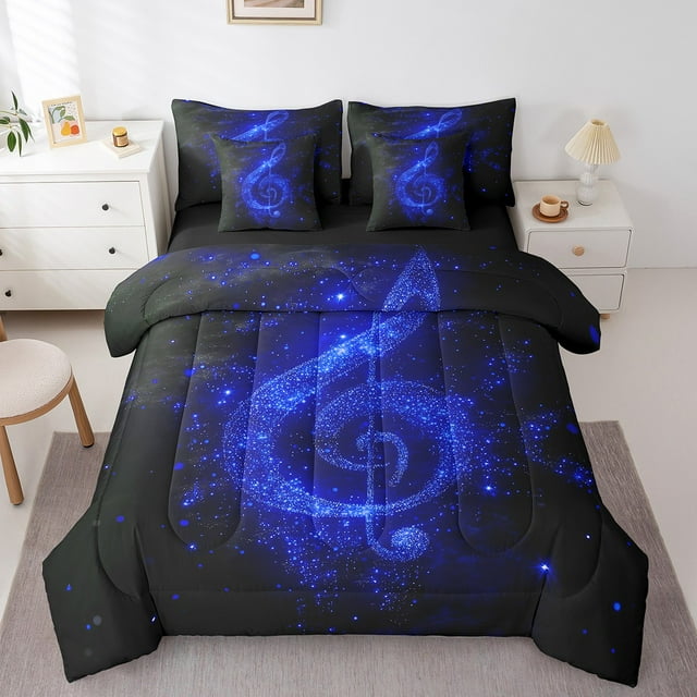 Musical Note Comforter Set Twin,Fashion Romantic Glitter Music Theme Bedding Set,Starry Blue Sequins Print (Not Real) Bed Set 7 Pieces(Comforter+Fitted+Flat Sheet+Pillowcase+Pillow Cover)