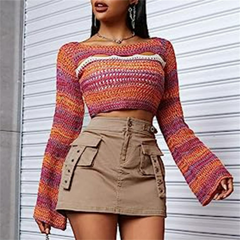 Womens Crochet Knitted Crop Top Pullover Sweater Long Sleeve