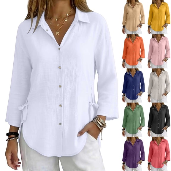 Only Moment Button Down Shirts for Women Long Sleeve V Neck Bamboo Nodes Cotton Loose Fit Long Sleeve Collared Blouse Casual V Neck Tops Outfits Pink,S