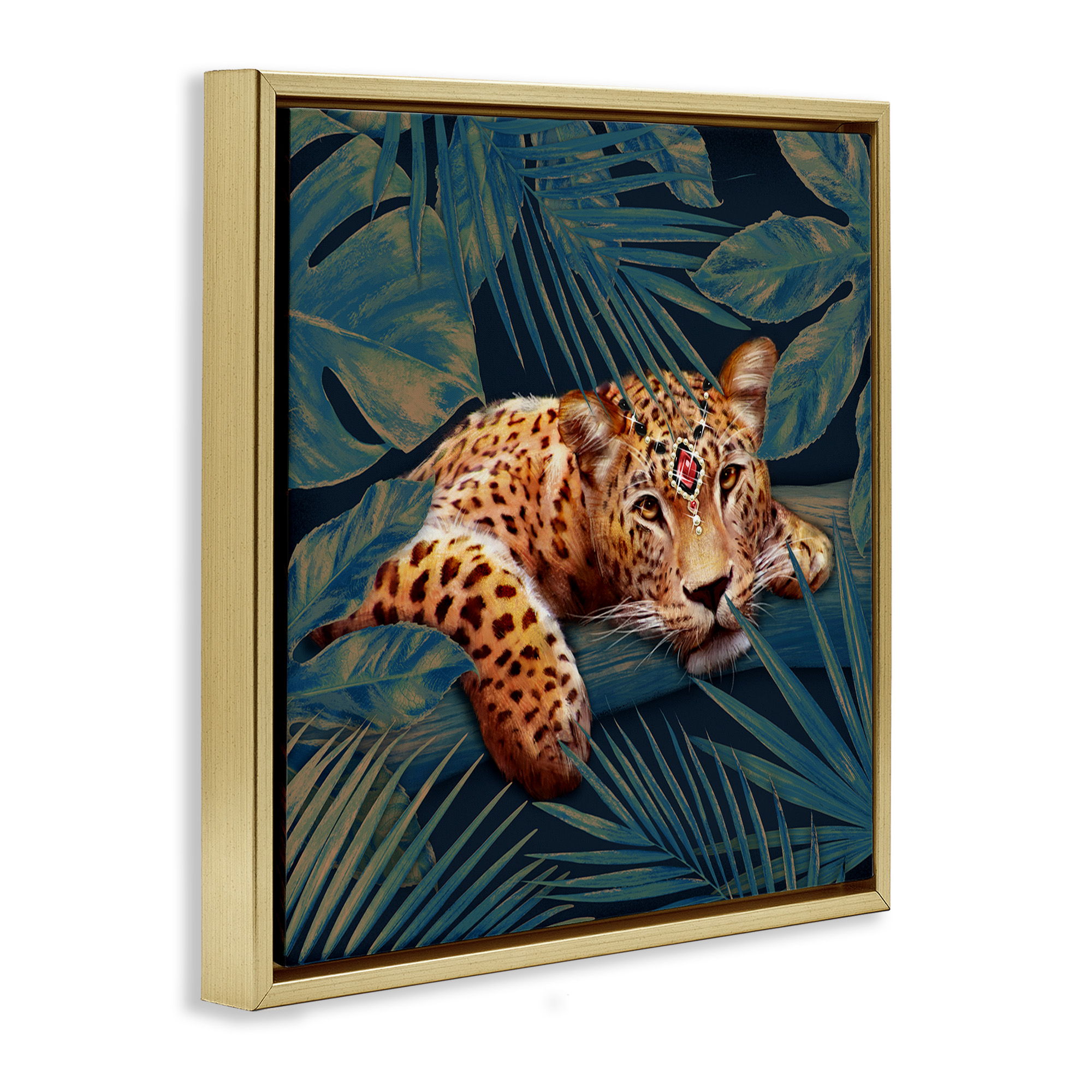 Stupell Industries Tropical Leopard with Glitz Gem Animals & Insects Painting Gold Floater Framed Canvas Art Print Wall Art, 25 x 25
