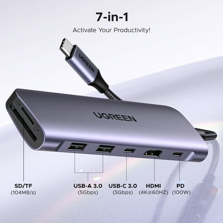 UGREEN Revodok 1071 USB-Cハブ 7-IN-1 USB ハブ Type-C PD100W急速充電 USB-C 5Gbps高