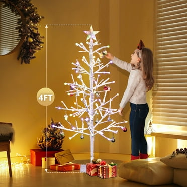 Ktaxon 4 FT Pre-Lit Snowy Fir Christmas Tree, Mini Xmas Tree Warm White LED, Four Colors, 8 Modes with Remote Control Indoor Tree Lights, White with Stars Top
