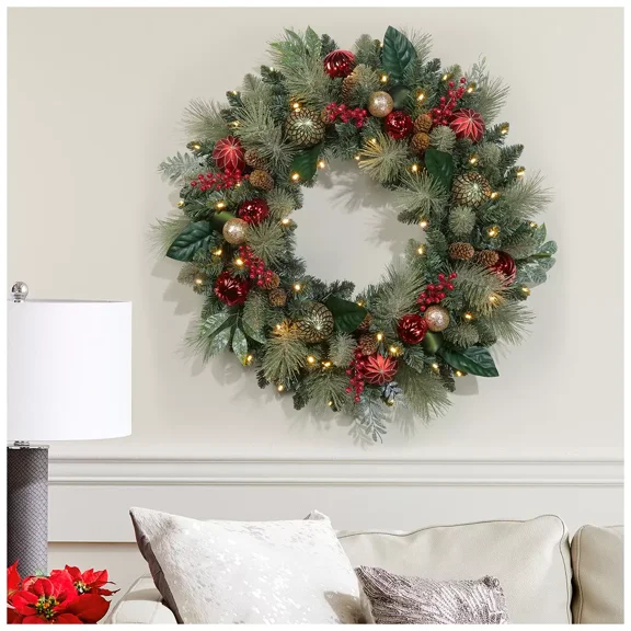 Pre-Lit Decorated Wreath Red Gold 76.2cm 1785055