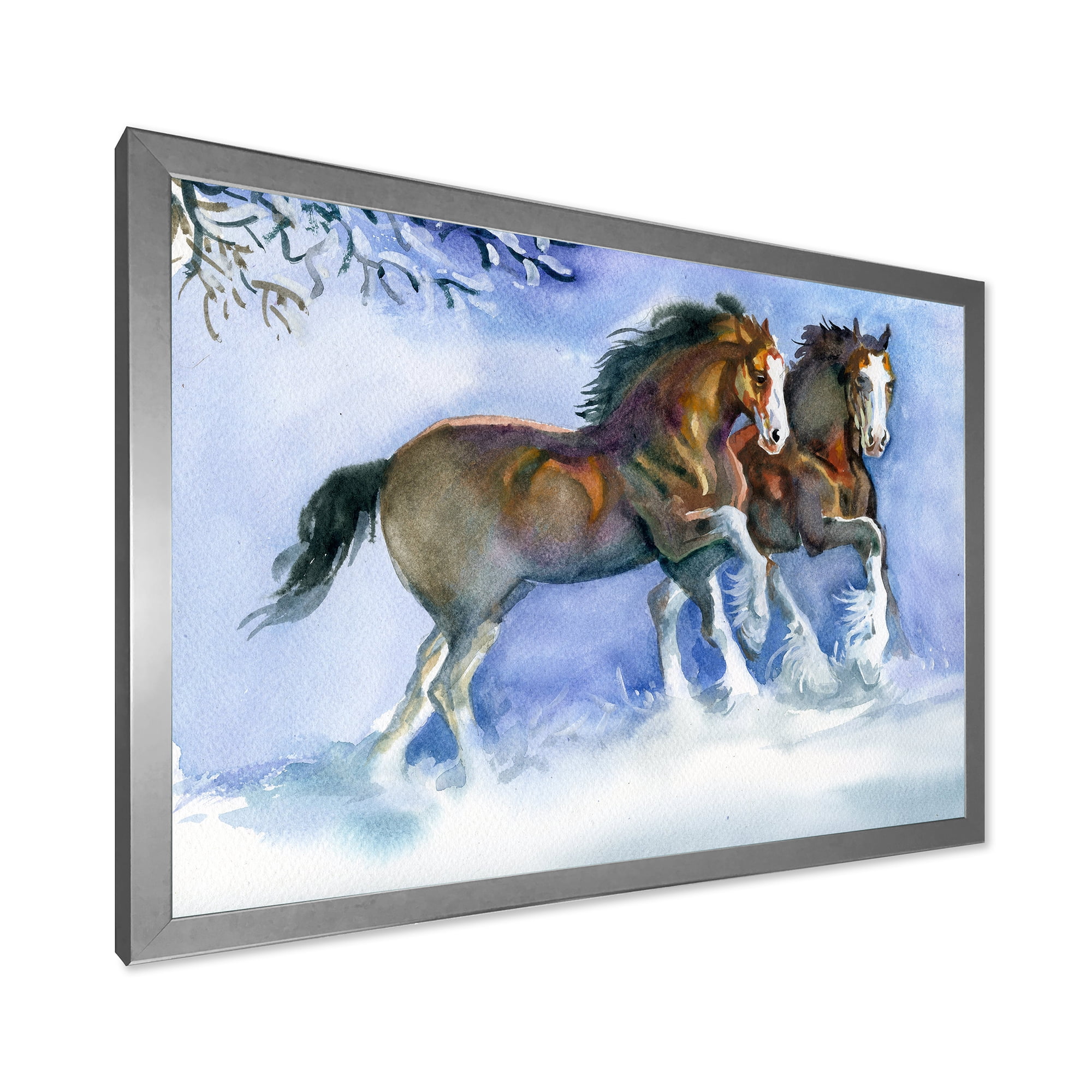 Designart 'Horses Running In Winter On Blue' Farmhouse Framed Art Print