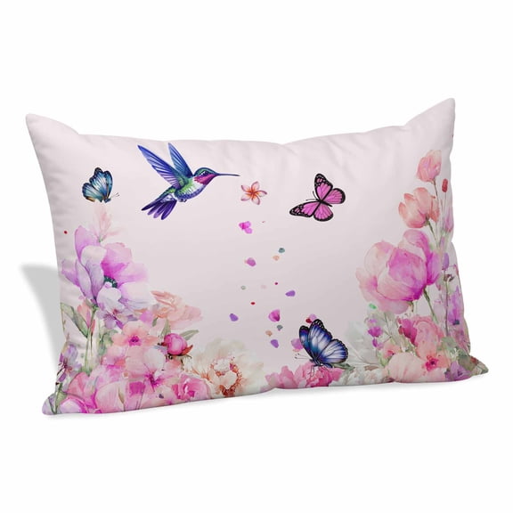 Pink Flower Pillow Covers 12"x20", Spring Floral Butterflies Birds Elegant Pastoral Soft Brushed Microfiber Breathable Throw Pillow Covers, Decorative Pillowcase with Zipper for Couch Sofa Bedroom
