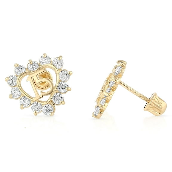 Ioka 14K Yellow Gold CZ Heart 15 Anos 15 years Quinceanera Stud Screw Back Earrings