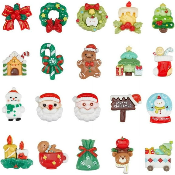 80Pcs 20 Styles Christmas Cabochons Holiday Resin Charms Bulk Assorted Flatback Cartoon Green Red Winter Xmas Snowman Tree Socks Santa Claus Cabochon for DIY Crafting Jewelry Making Decor