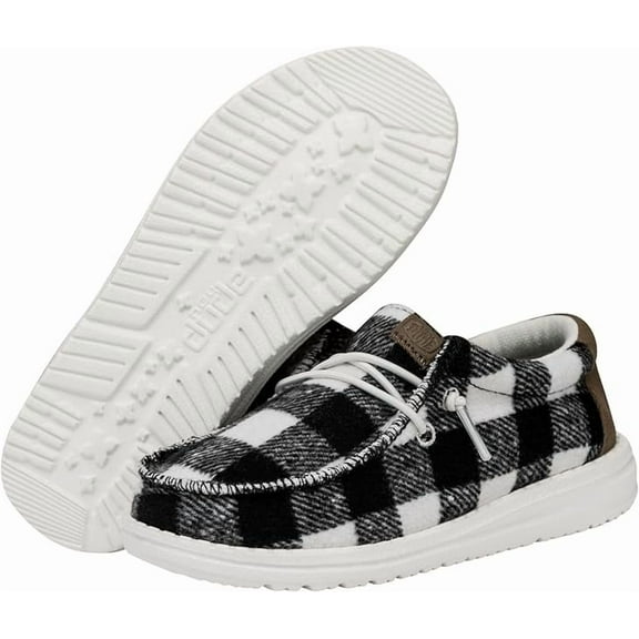 Hey Dude Wally Youth Buffalo Plaid White/Black Size 6Y | Kids Shoes | Kids Slip-on Loafers