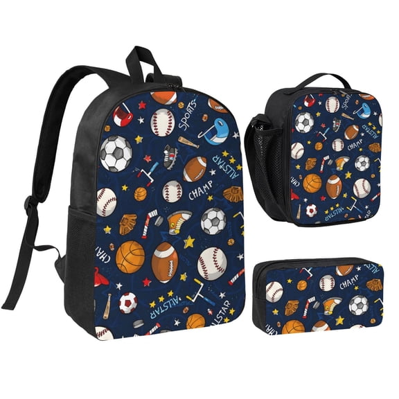 Soccer Baseball Football Backpack Set 3pc Including Backpack, Lunch Bag and Pen Bag Combination