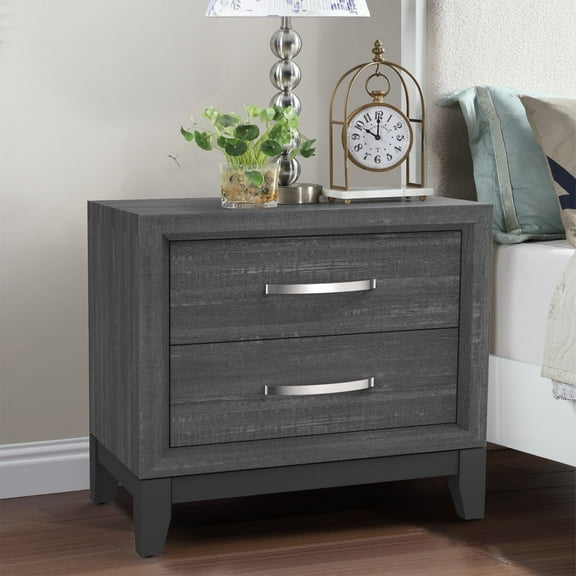 Contemporary Grey Solid Wood Nightstand with 2 Drawers, Modern Bedside End Table for Bedroom or Living Room