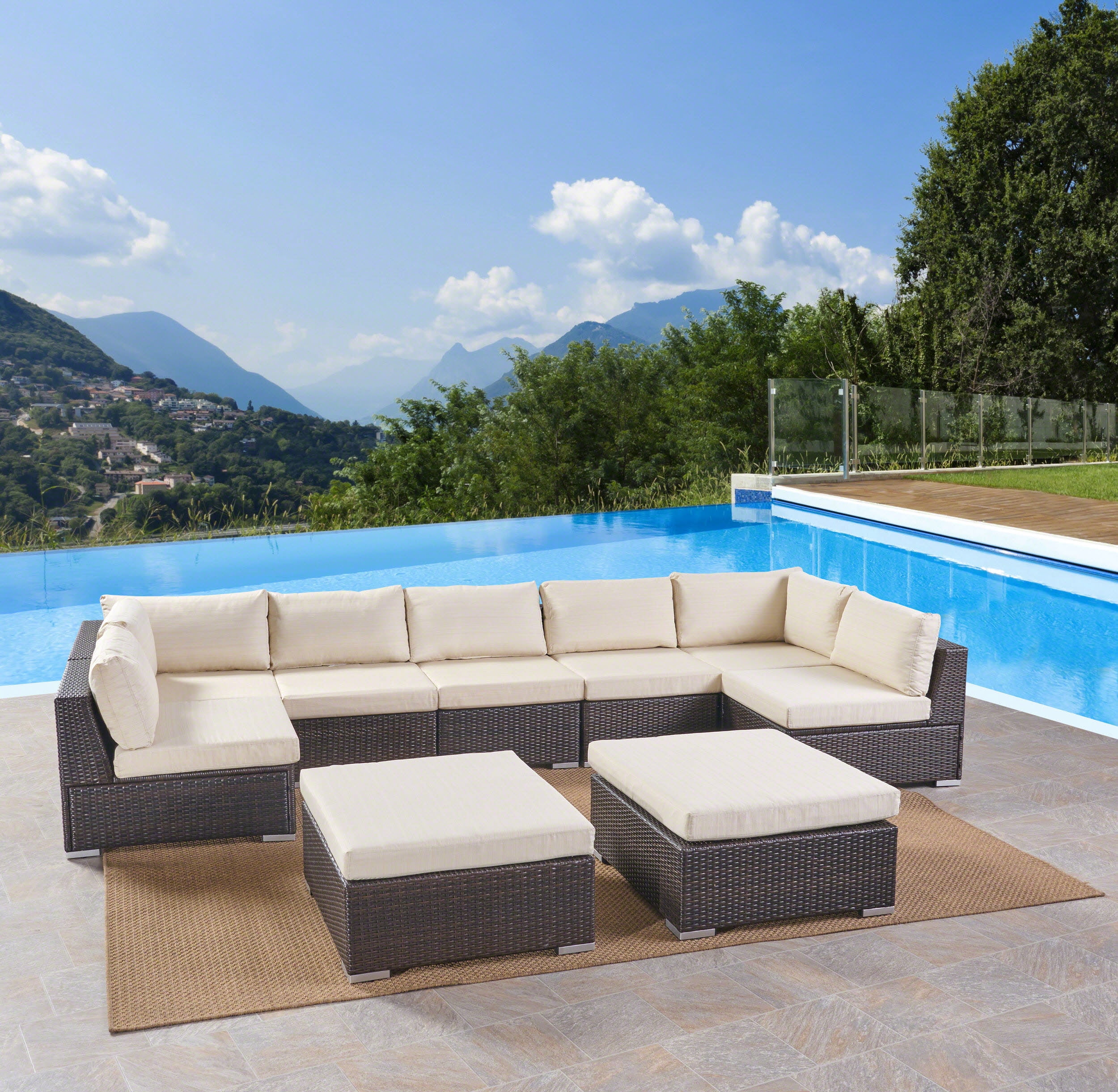 Outdoor 7 Seater Wicker Sectional Sofa Set with Cushions, Multibrown,Beige
