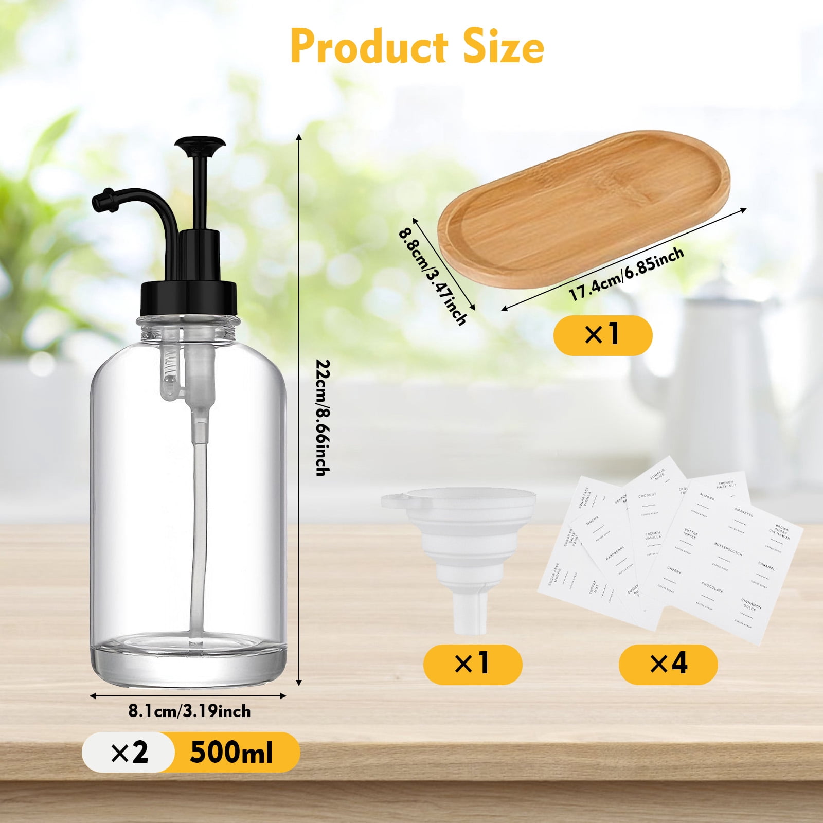 GIRACOA Glass Soap Dispenser with Black Pump, 2 Pack Clear Foam Pump Soap Dispenser with Bamboo Tray 500ml 18oz / Each Bottle