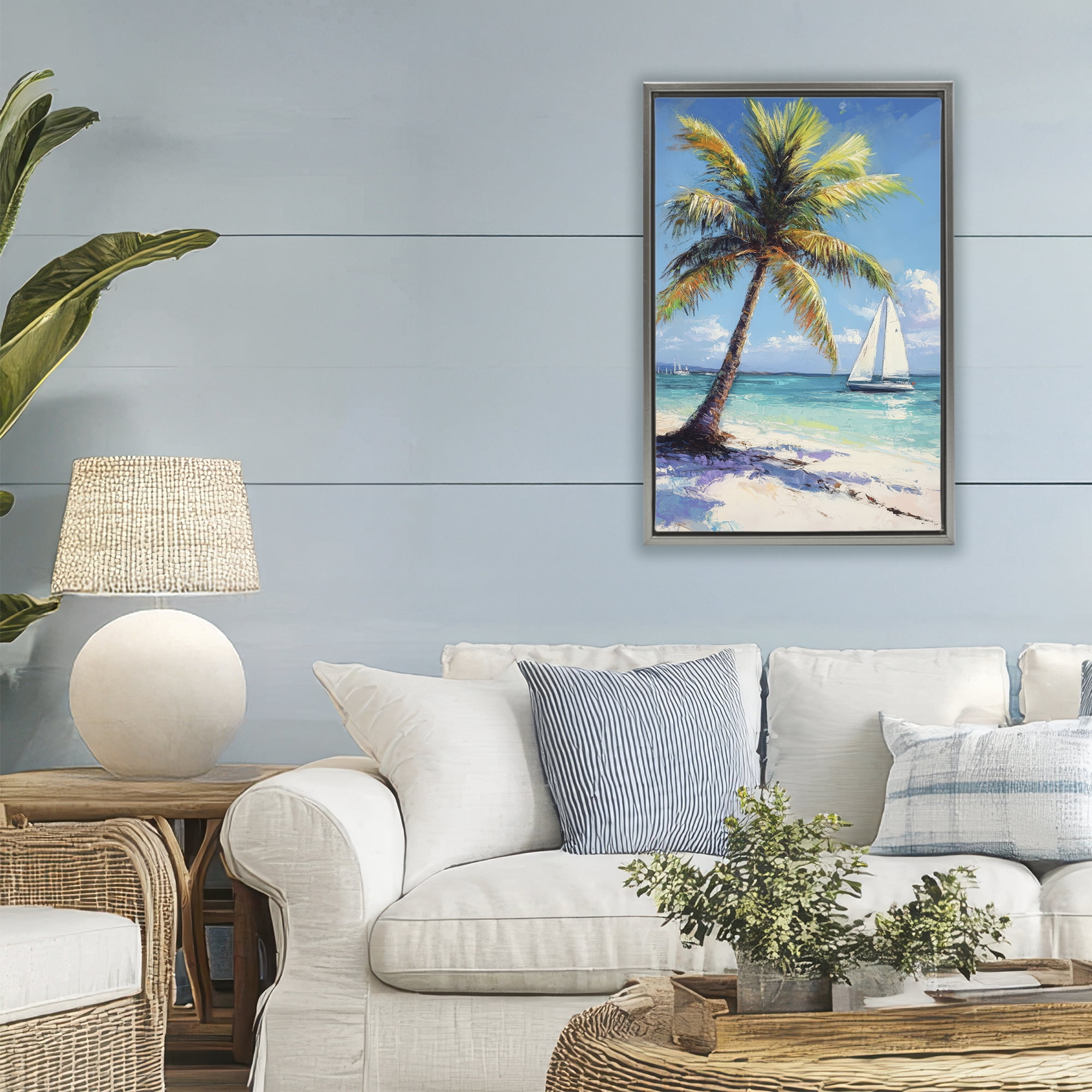 Stupell Industries Palms & Sails Beach View Gray Framed Floater Canvas Wall Art, design by Petal Prints Design