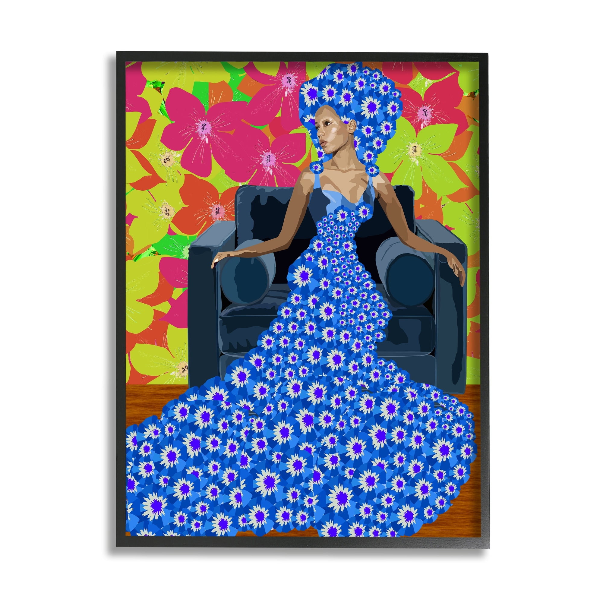Stupell Industries Woman In Blue Retro Floral Pattern Botanical & Floral Painting White Framed Art Print Wall Art