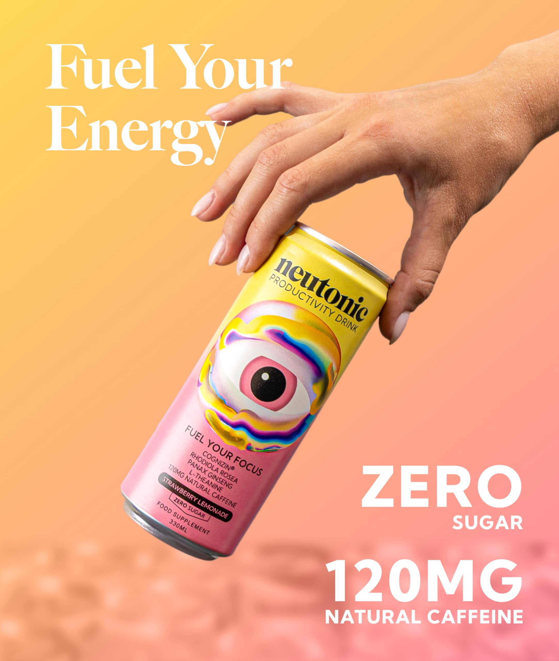 Neutonic Nootropic Productivity Energy Drink | Strawberry Lemonade | 12 Cans | 120mg Natural Caffeine | Zero Sugar | Focused Energy & Mental Performance Support